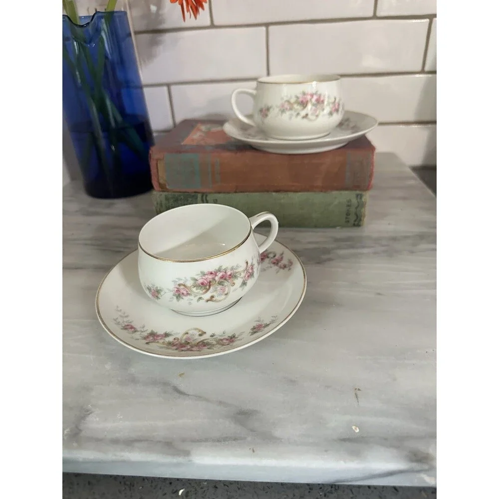 Vintage Selb Paul Mueller Set Of 2 Tea Cups & Saucers Gold Trim Pink Roses